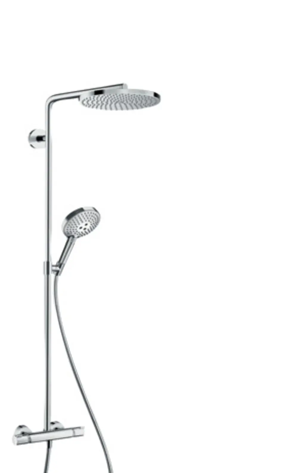 Hansgrohe Duschsystem mit einer oberen Regendusche und Handbrause, montiert an einer vertikalen Stange. Thermostat unterhalb zur Temperaturregelung.